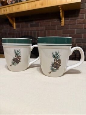 L.L. Bean Evergreen Pinecone Mugs with a Green Band.  Set of Two.